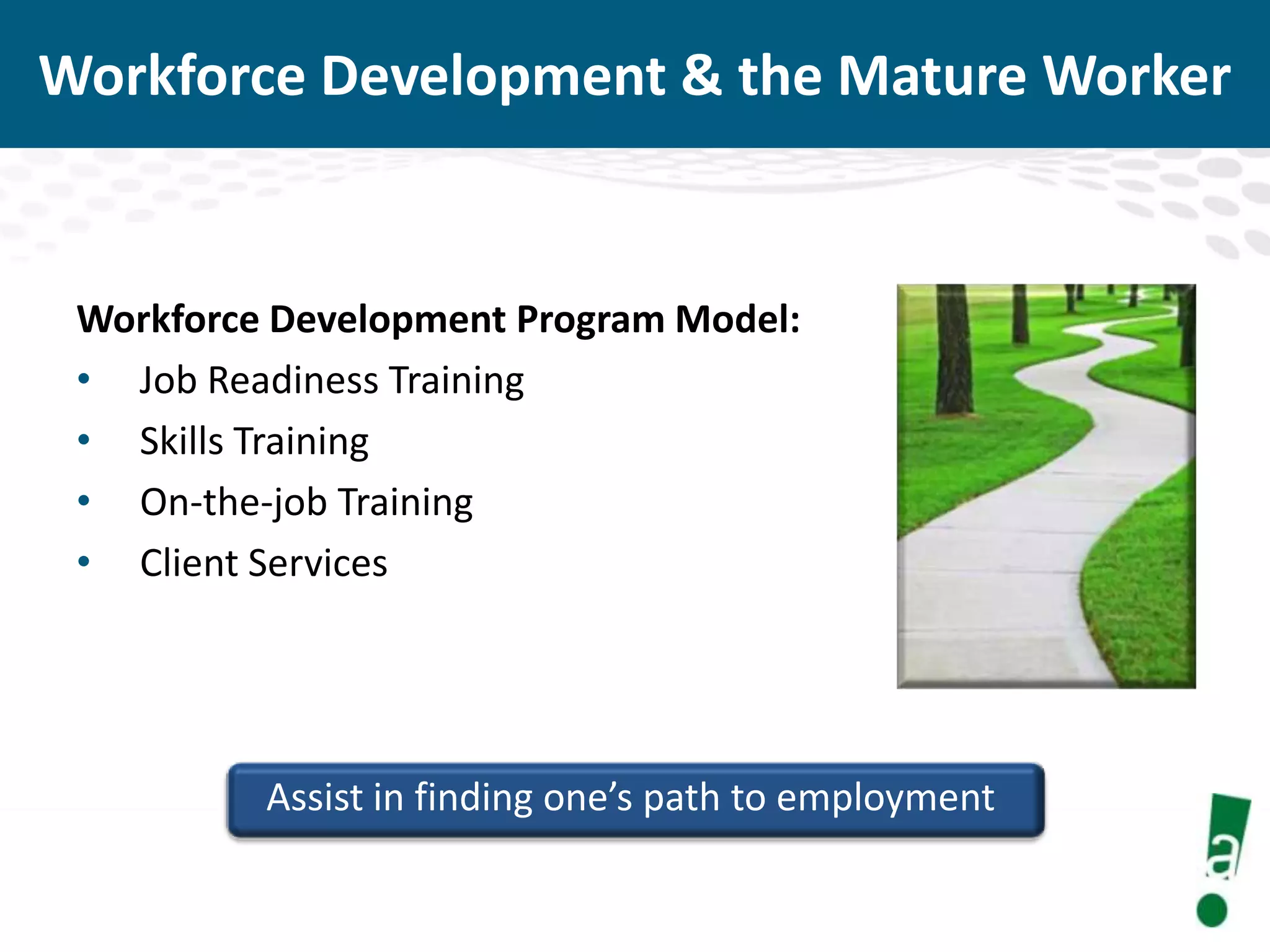 Workforce Development & the Mature Worker

Workforce Development Program Model:
• Job Readiness Training
• Skills Training
• On-the-job Training
• Client Services

Assist in finding one’s path to employment

 