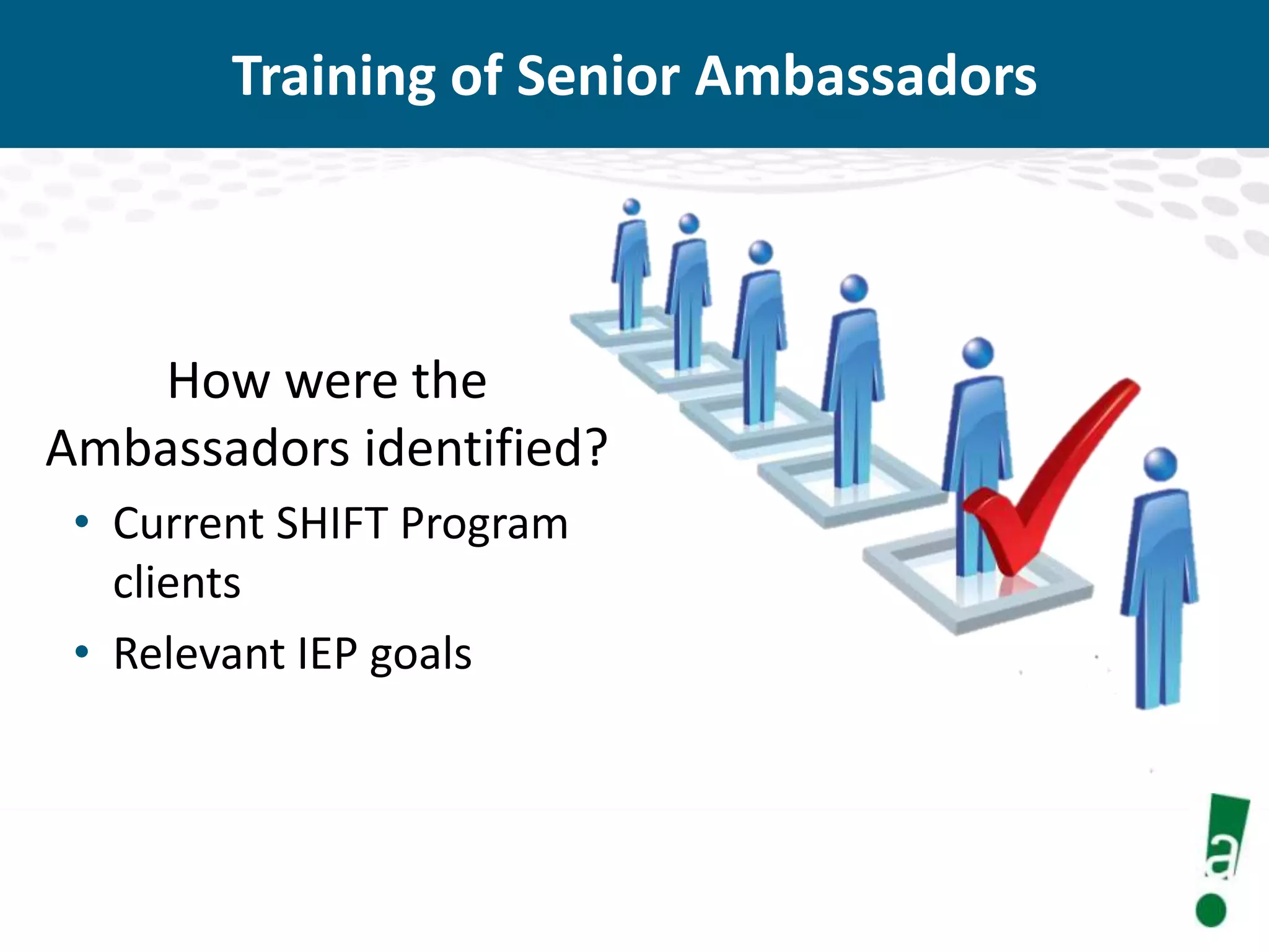 Training of Senior Ambassadors

How were the
Ambassadors identified?
• Current SHIFT Program
clients
• Relevant IEP goals

 