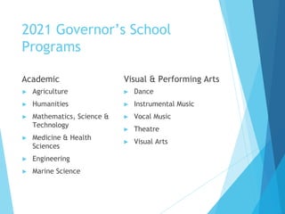 2021 Governor’s School
Programs
Academic
► Agriculture
► Humanities
► Mathematics, Science &
Technology
► Medicine & Health
Sciences
► Engineering
► Marine Science
Visual & Performing Arts
► Dance
► Instrumental Music
► Vocal Music
► Theatre
► Visual Arts
 
