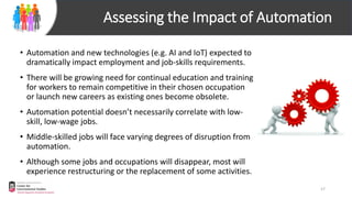 Assessing the Impact of Automation
• Automation and new technologies (e.g. AI and IoT) expected to
dramatically impact employment and job-skills requirements.
• There will be growing need for continual education and training
for workers to remain competitive in their chosen occupation
or launch new careers as existing ones become obsolete.
• Automation potential doesn’t necessarily correlate with low-
skill, low-wage jobs.
• Middle-skilled jobs will face varying degrees of disruption from
automation.
• Although some jobs and occupations will disappear, most will
experience restructuring or the replacement of some activities.
17
 