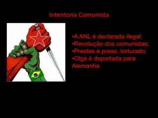 Intentona Comunista


       •A ANL é declarada ilegal;
       •Revolução dos comunistas;
       •Prestes é preso, torturado;
       •Olga é deportada para
       Alemanha
 