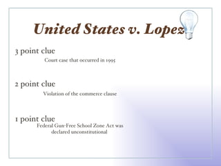 United States v. Lopez  3 point clue 2 point clue 1 point clue Court case that occurred in 1995 Violation of the commerce clause Federal Gun-Free School Zone Act was declared unconstitutional  