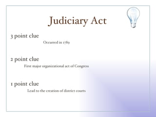 Judiciary Act 3 point clue 2 point clue 1 point clue Occurred in 1789 First major organizational act of Congress Lead to the creation of district courts 