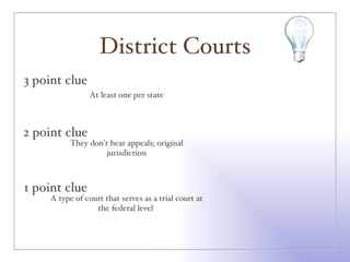 District Courts 3 point clue 2 point clue 1 point clue At least one per state They don’t hear appeals; original jurisdiction A type of court that serves as a trial court at the federal level  