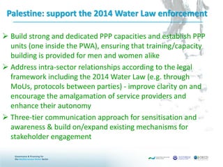 Palestine: support the 2014 Water Law enforcement
 Build strong and dedicated PPP capacities and establish PPP
units (one inside the PWA), ensuring that training/capacity
building is provided for men and women alike
 Address intra-sector relationships according to the legal
framework including the 2014 Water Law (e.g. through
MoUs, protocols between parties) - improve clarity on and
encourage the amalgamation of service providers and
enhance their autonomy
 Three-tier communication approach for sensitisation and
awareness & build on/expand existing mechanisms for
stakeholder engagement
 