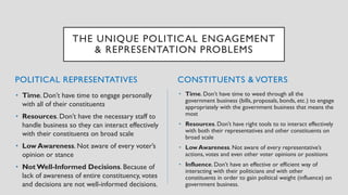 POLITICAL REPRESENTATIVES
• Time. Don’t have time to engage personally
with all of their constituents
• Resources. Don’t have the necessary staff to
handle business so they can interact effectively
with their constituents on broad scale
• Low Awareness. Not aware of every voter’s
opinion or stance
• Not Well-Informed Decisions. Because of
lack of awareness of entire constituency, votes
and decisions are not well-informed decisions.
• Time. Don’t have time to weed through all the
government business (bills, proposals, bonds, etc.) to engage
appropriately with the government business that means the
most
• Resources. Don’t have right tools to to interact effectively
with both their representatives and other constituents on
broad scale
• Low Awareness. Not aware of every representative’s
actions, votes and even other voter opinions or positions
• Influence. Don’t have an effective or efficient way of
interacting with their politicians and with other
constituents in order to gain political weight (influence) on
government business.
CONSTITUENTS & VOTERS
THE UNIQUE POLITICAL ENGAGEMENT
& REPRESENTATION PROBLEMS
 