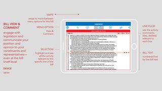 BILL VIEW &
COMMENT
engage with
legislation and
communicate your
position and
opinion to your
constituents and
representatives—
even at the bill
line# level
DEVICE
tablet
MENU OPTION
View &
Comment
LINE PULSE
see the activity
(comments,
likes, dislikes)
relevant to
each line
BILL TEXT
numbered line
by line bill text
SELECTION
highlight and see
all the activity
relevant to this
specific line of the
bill
SWIPE
swipe to move between
menu options for this bill
 
