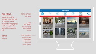 BILL NEWS
experience the
impact that this bill
is having in the
public by engaging
with news briefs
about this specific
bill
DEVICE
desktop
MENU OPTION
Bill News
STAY
INFORMED
click to pop up
the full news
article
STAY CURRENT
always see the
most recent
news articles;
time since
being posted
 