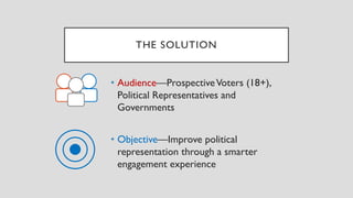 THE SOLUTION
• Audience—ProspectiveVoters (18+),
Political Representatives and
Governments
• Objective—Improve political
representation through a smarter
engagement experience
 