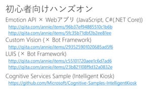 http://qiita.com/annie/items/96b37ef94885510c1b6b
http://qiita.com/annie/items/5fc35b71dbf2b2ee81ee
http://qiita.com/annie/items/293525901020685ad5f6
http://qiita.com/annie/items/c55101720aee1c6d7ad6
http://qiita.com/annie/items/23b821108f9d32a0832e
https://github.com/Microsoft/Cognitive-Samples-IntelligentKiosk
 