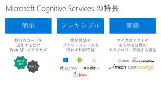 簡単 フレキシブル 実績
数行のコードを
追加するだけ
Web API でアクセス
開発言語や
プラットフォームを
問わず利用可能
マイクロソフトの
あらゆる分野の
テクノロジー開発から誕生
GET A
KEY
 