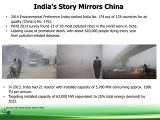 India’s Story Mirrors China
• 2014 Environmental Preference Index ranked India No. 174 out of 178 countries for air
quality (China is No. 176).
• WHO 2014 survey found 13 of 20 most polluted cities in the world were in India.
• Leading cause of premature death, with about 620,000 people dying every year
from pollution-related diseases.
• In 2013, India had 21 reactor with installed capacity of 5,780 MW consuming approx. 1580
TU per annum.
• Targeting installed capacity of 63,000 MW (equivalent to 25% total energy demand) by
2032.
Sources: Yale, World Nuclear News & WHO
 