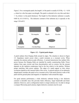 13
Figure 2. For a rectangular patch, the length L of the patch is usually 0.3333λo < L < 0.5λ
o, where λo is the free-space wavelength. The patch is selected to be very thin such that t
<< λo (where t is the patch thickness). The height h of the dielectric substrate is usually
0.003 λo ≤ h ≤ 0.05 λo . The dielectric constant of the substrate (εr) is typically in the
range 2.2≤ εr≤12.
Figure -3.2 – Typical patch shapes
A patch radiates from fringing fields around its edges. The situation is shown in figure
3.3. Impedance match occurs when a patch resonates as a resonant cavity. When
matched, the antenna achieves peak efficiency. A normal transmission line radiates little
power because the fringing fields are matched by nearby counteracting fields. Power
radiates from open circuits and from discontinuities such as corners, but the amount
depends on the radiation conductance load to the line relative to the patches. Without
proper matching, little power radiates. The edges of a patch appear as slots whose
excitations depend on the internal fields of the cavity. A general analysis of an arbitrarily
shaped patch considers the patch to be a resonant cavity with metal (electric) walls of the
patch and the ground plane and magnetic or impedance walls around the edges.
For good antenna performance, a thick dielectric substrate having a low dielectric
constant is desirable since this provides better efficiency, larger bandwidth and better
radiation. However, such a configuration leads to a larger antenna size. In order to design
a compact Microstrip patch antenna, higher dielectric constants must be used.
 