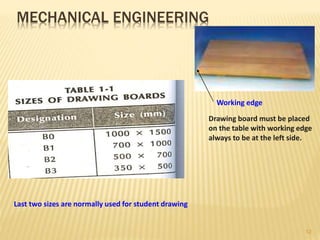 MECHANICAL ENGINEERING
Last two sizes are normally used for student drawing
Drawing board must be placed
on the table with working edge
always to be at the left side.
Working edge
12
 