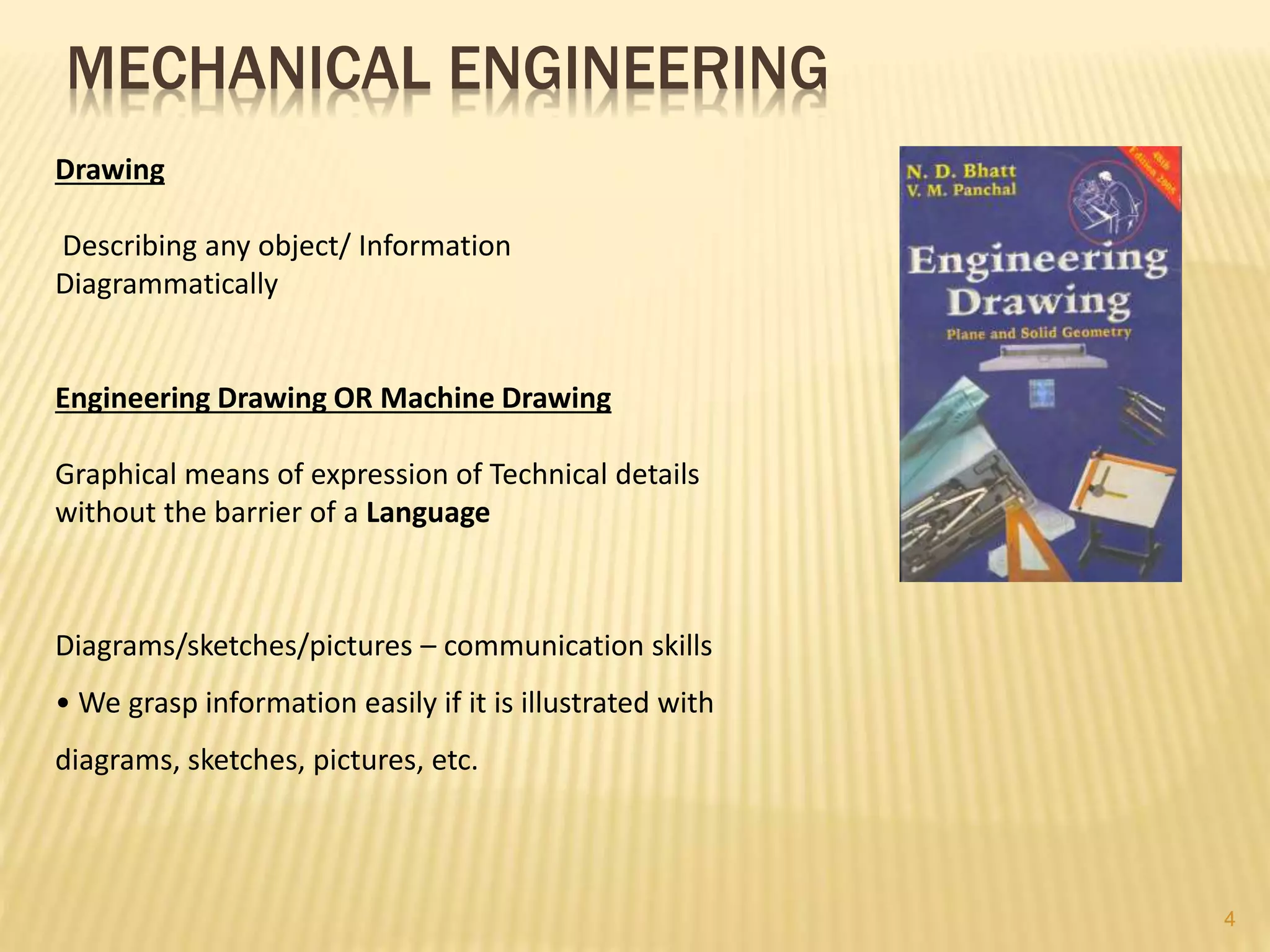 Drawing
Describing any object/ Information
Diagrammatically
Engineering Drawing OR Machine Drawing
Graphical means of expression of Technical details
without the barrier of a Language
Diagrams/sketches/pictures – communication skills
• We grasp information easily if it is illustrated with
diagrams, sketches, pictures, etc.
MECHANICAL ENGINEERING
4
 