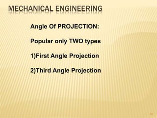 Angle Of PROJECTION:
Popular only TWO types
1)First Angle Projection
2)Third Angle Projection
MECHANICAL ENGINEERING
34
 