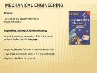 Drawing
Describing any object/ Information
Diagrammatically
Engineering Drawing OR Machine Drawing
Graphical means of expression of Technical details
without the barrier of a Language
Diagrams/sketches/pictures – communication skills
• We grasp information easily if it is illustrated with
diagrams, sketches, pictures, etc.
MECHANICAL ENGINEERING
4
 