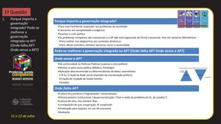 11 e 12 de julho
1. Porque importa a
governação
integrada? Pode-se
melhorar a
governação
integrada na AP?
(Onde falha AP?
Onde vence a AP?)
1ª Questão
Porque importa a governação integrada?
•Para mais facilmente responder aos problemas da sociedade,
•crescentes em complexidade e exigência
•Suavizar o ciclo política
•Os problemas complexos são transversais e a AP não está organizada de forma transversal, mas sim sectorial (Ministérios)
•Para melhor nos adaptarmos aos contextos dinâmicos
•Para obviar caminhos, eliminar barreiras, servir a necessidade
Pode-se melhorar a governação integrada na AP? (Onde falha AP? Onde vence a AP?)
Onde vence a AP?
•Dá continuidade às Políticas Públicas (suaviza o ciclo político)
•Motiva-se pela causa pública (Médico; Psicólogo)
•Aplicação desconcentrada ou descentralizada de ideias centralizidas
• Ex: Criação da Rede social (Exemplo de coordenação política)
•Criação de Unidade de Saúde familiar
•Simplex
Onde falha AP?
•Cultura burrocrática e fragmentada / sectorializada
•Distanciamento institucional / despersonalização (“tirar a visão do problema da Pç. de Londres”)
•Cultura de silos, mas existem ilhas
•+competição do que cooperação  coopetição
•Orientação para outputs, em vez de outcomes
•Avaliação
 