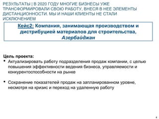 4
Кейс2: Компания, занимающая производством и
дистрибуцией материалов для строительства,
Азербайджан
РЕЗУЛЬТАТЫ | В 2020 ГОДУ МНОГИЕ БИЗНЕСЫ УЖЕ
ТРАНСФОРМИРОВАЛИ СВОЮ РАБОТУ, ВНЕСЯ В НЕЕ ЭЛЕМЕНТЫ
ДИСТАНЦИОННОСТИ. МЫ И НАШИ КЛИЕНТЫ НЕ СТАЛИ
ИСКЛЮЧЕНИЕМ
Цель проекта:
• Актуализировать работу подразделения продаж компании, с целью
повышения эффективности ведения бизнеса, управляемости и
конкурентоспособности на рынке
• Сохранение показателей продаж на запланированном уровне,
несмотря на кризис и переход на удаленную работу
 