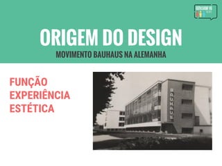FUNÇÃO
EXPERIÊNCIA
ESTÉTICA
ORIGEM DO DESIGN
MOVIMENTO BAUHAUS NA ALEMANHA
 