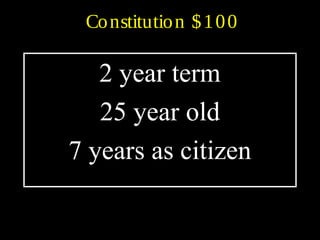 Constitution $100
2 year term
25 year old
7 years as citizen
 