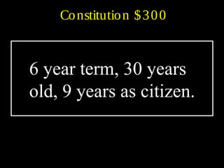 Constitution $300
6 year term, 30 years
old, 9 years as citizen.
 