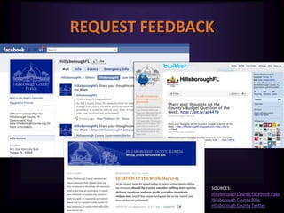 REQUEST FEEDBACK<br />SOURCES: <br />Hillsborough County Facebook Page<br />Hillsborough County Blog<br />Hillsborough Cou...