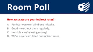 Room Poll
How accurate are your indirect rates?
A. Perfect – you won’t find one mistake.
B. Good – we check them regularly...