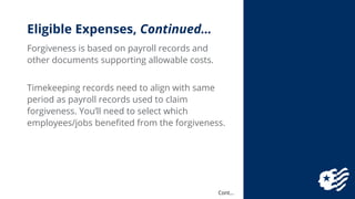 Eligible Expenses, Continued…
Forgiveness is based on payroll records and
other documents supporting allowable costs.
Time...