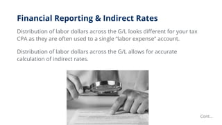 Financial Reporting & Indirect Rates
Distribution of labor dollars across the G/L looks different for your tax
CPA as they are often used to a single “labor expense” account.
Distribution of labor dollars across the G/L allows for accurate
calculation of indirect rates.
Cont…
 