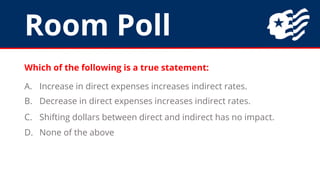 Room Poll
Which of the following is a true statement:
A. Increase in direct expenses increases indirect rates.
B. Decrease in direct expenses increases indirect rates.
C. Shifting dollars between direct and indirect has no impact.
D. None of the above
 
