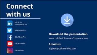 Connect
with us
Download the presentation
Left Brain
Professionals Inc.
@LeftBrainPro
Email us
Support@LeftBrainPro.com
@LeftBrainPro
Left Brain Pro
LeftBrainPro
www.LeftBrainPro.com/presentations
 