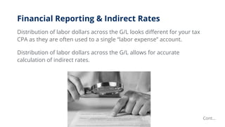 Financial Reporting & Indirect Rates
Distribution of labor dollars across the G/L looks different for your tax
CPA as they...