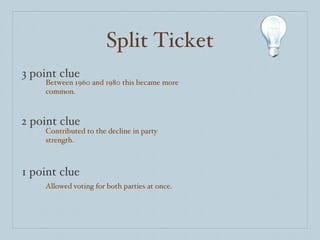 Split Ticket 3 point clue 2 point clue 1 point clue Between 1960 and 1980 this became more common. Contributed to the decline in party strength. Allowed voting for both parties at once. 