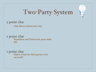 Two-Party System 3 point clue 2 point clue 1 point clue Only fifteen nations have this Republican and Democratic party make this Makes it hard for third parties to be successful 