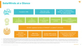 5
@solarwinds
SolarWinds at a Glance
1. IDC defined Network Management Software functional market, IDC’s Worldwide Semiannual Software Tracker, October 15, 2020.
2. Gartner, Market Share Analysis: ITOM: Performance Analysis Software, Worldwide, 2019. June 17, 2020. (AIOps/ITIM/Other Monitoring Tools Software Market). SolarWinds term, Systems Management, refers to the AIOps/ITIM/Other Monitoring
Tools Software Market Taxonomy referenced in the Gartner report. All statements in this report attributable to Gartner represent SolarWinds interpretation of data, research opinion, or viewpoints published as part of a syndicated subscription service
by Gartner, Inc., and have not been reviewed by Gartner. Each Gartner publication speaks as of its original publication date (and not as of the date of this presentation). The opinions expressed in Gartner publications are not representations of fact
and are subject to change without notice.
3. Customers are defined as individuals or entities that have an active subscription for our subscription products or that have purchased one or more of our perpetual license products since our inception under a unique customer identification number.
We may have multiple purchasers of our products within a single organization, each of which may be assigned a unique customer identification number and deemed a separate customer.
#1
in network
management1
320,000+
customers in 190
countries3
60+
IT management
products
22,000+ MSPs serving
450,000+ organizations
Every branch of the DoD and
nearly every civilian and
intelligence agency
150,000+ registered members of THWACK®, our global IT community
Founded in 1999
More than 3,200
employees globally
Austin, TX headquarters
Reston, VA, government office
30+ offices globally
Leader
in remote monitoring and
management
#3
in systems
management2
Growing security
portfolio
499 of the
Fortune 500®
© 2021 SolarWinds Worldwide, LLC. All rights reserved.
 