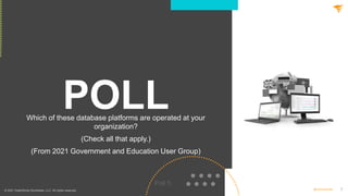 7
@solarwinds
POLL
Which of these database platforms are operated at your
organization?
(Check all that apply.)
(From 2021 Government and Education User Group)
Poll 5
© 2021 SolarWinds Worldwide, LLC. All rights reserved.
 