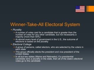 Winner-Take-All Electoral System
 Plurality
   A number of votes cast for a candidate that is greater than the
    number of votes for any other candidate, but not necessarily a
    majority (more than 50%)
   At almost every level of government in the U.S., the outcome of
    elections is based on the plurality
 Electoral College
   A group of persons, called electors, who are selected by the voters in
    each state
   This group officially elects the president and vice president of the
    United States
   In all but two states (Maine and Nebraska), if a presidential
    candidate wins a plurality in the state, then all of the state’s electoral
    votes go to the candidate
 