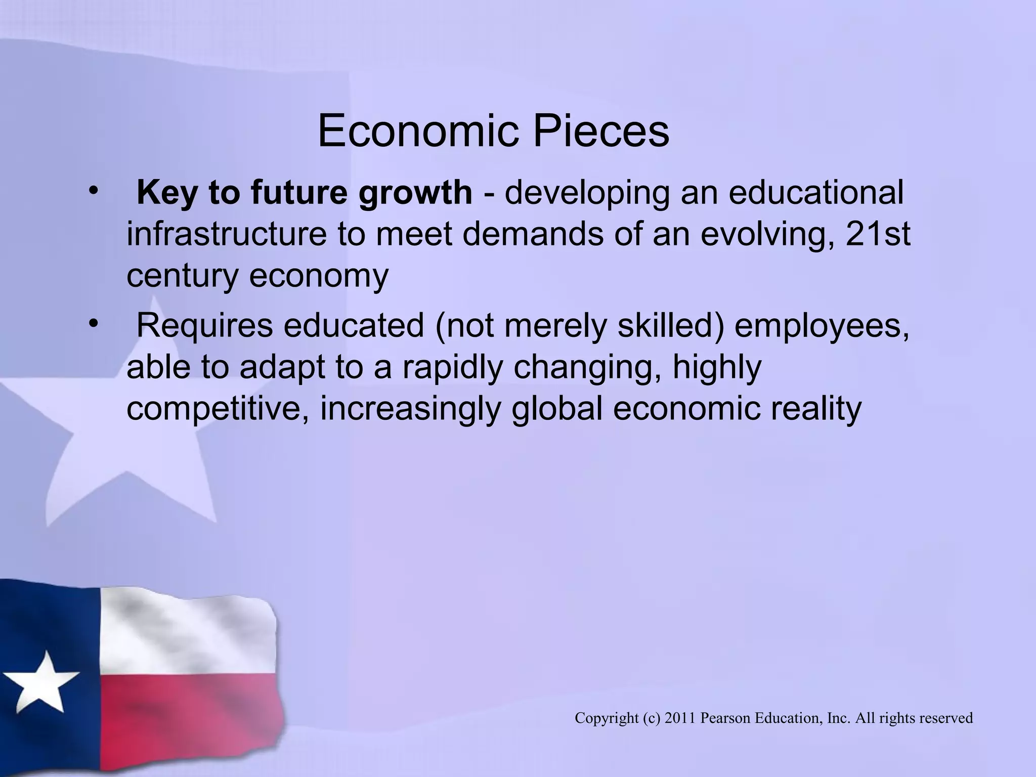 Copyright (c) 2011 Pearson Education, Inc. All rights reserved
Economic Pieces
• Key to future growth - developing an educational
infrastructure to meet demands of an evolving, 21st
century economy
• Requires educated (not merely skilled) employees,
able to adapt to a rapidly changing, highly
competitive, increasingly global economic reality
 