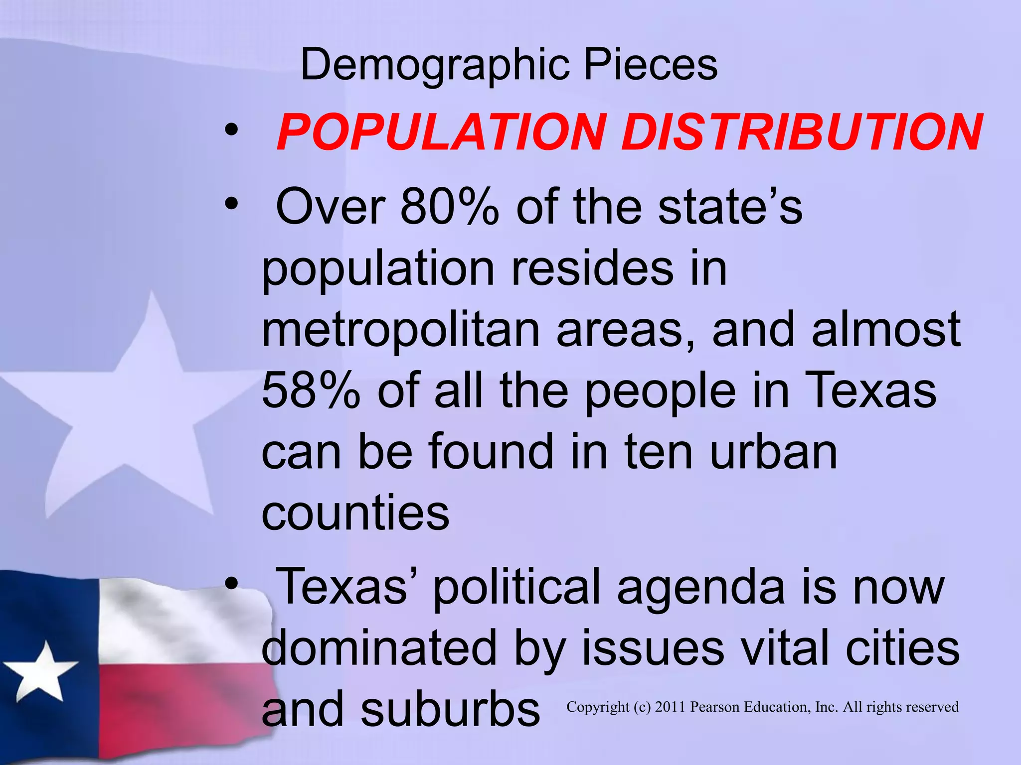 Copyright (c) 2011 Pearson Education, Inc. All rights reserved
Demographic Pieces
• POPULATION DISTRIBUTION
• Over 80% of the state’s
population resides in
metropolitan areas, and almost
58% of all the people in Texas
can be found in ten urban
counties
• Texas’ political agenda is now
dominated by issues vital cities
and suburbs
 