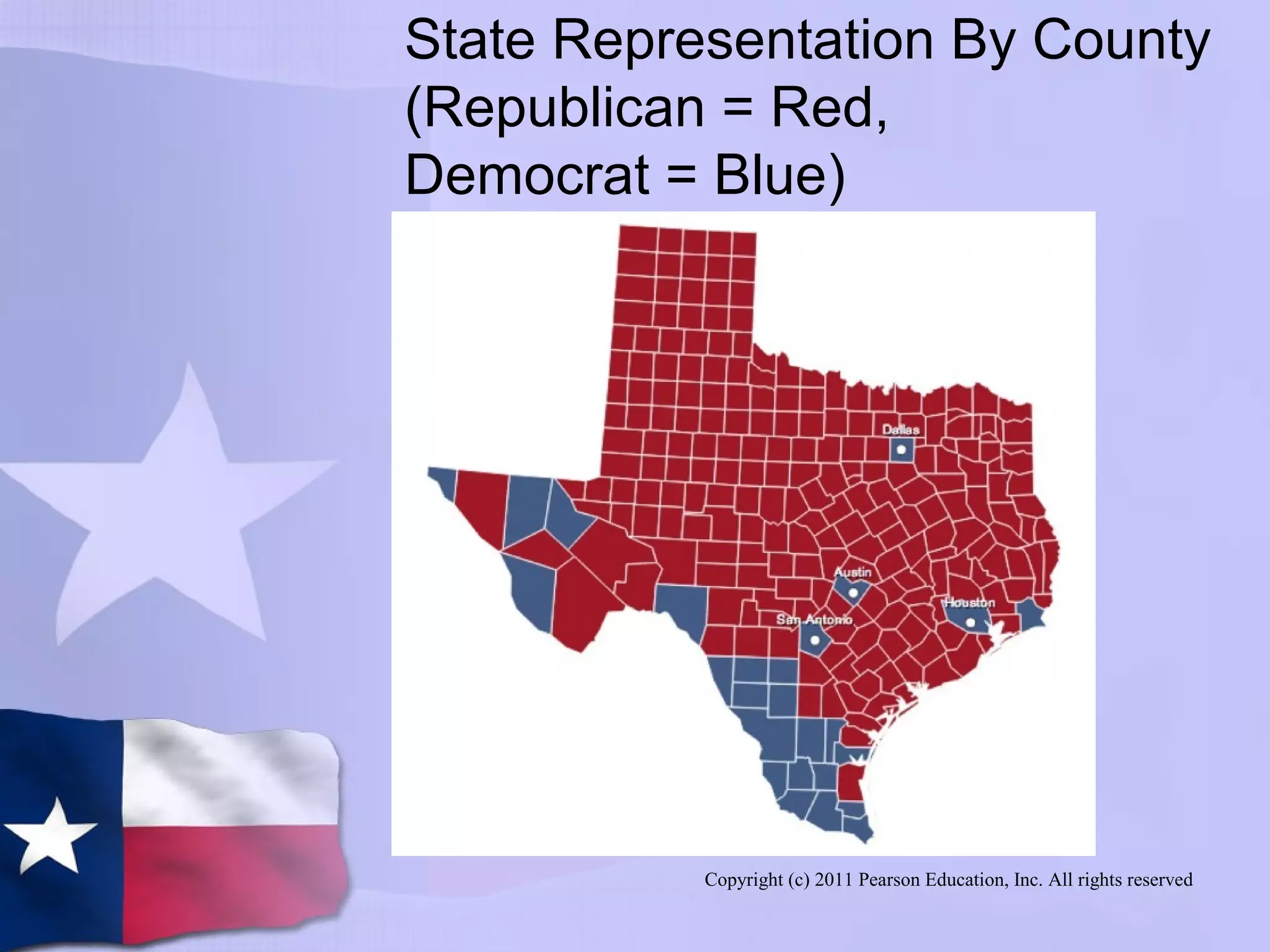Copyright (c) 2011 Pearson Education, Inc. All rights reserved
State Representation By County
(Republican = Red,
Democrat = Blue)
 