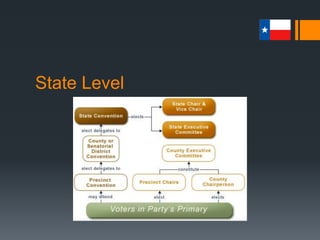 Party Structure
 Temporary Party Organization
 Selection of National Convention Delegates
 Selection depends on their support for particular candidates for the
party’s presidential nomination
 Candidate selection is done either by primary or caucus
 In a primary, rank-and-file party members can vote directly for the presidential
candidates of their choice
 Primary voting is done at the precinct level
 In a caucus, party members choose national convention delegates who either
pledge to support a particular presidential candidate or remain uncommitted
 Caucus – selection of candidates by an informal committee of party leaders
 
