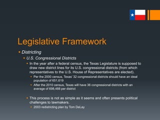 Legislative Framework
 Districting
 U.S. Congressional Districts
 In the year after a federal census, the Texas Legislature is supposed to
draw new district lines for its U.S. congressional districts (from which
representatives to the U.S. House of Representatives are elected).
 Per the 2000 census, Texas’ 32 congressional districts should have an ideal
population of 651,619
 After the 2010 census, Texas will have 36 congressional districts with an
average of 698,488 per district
 This process is not as simple as it seems and often presents political
challenges to lawmakers.
 2003 redistricting plan by Tom DeLay
 
