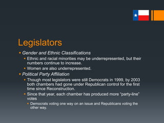 Legislators
 Gender and Ethnic Classifications
 Ethnic and racial minorities may be underrepresented, but their
numbers continue to increase.
 Women are also underrepresented.
 Political Party Affiliation
 Though most legislators were still Democrats in 1999, by 2003
both chambers had gone under Republican control for the first
time since Reconstruction.
 Since that year, each chamber has produced more “party-line”
votes
 Democrats voting one way on an issue and Republicans voting the
other way.
 