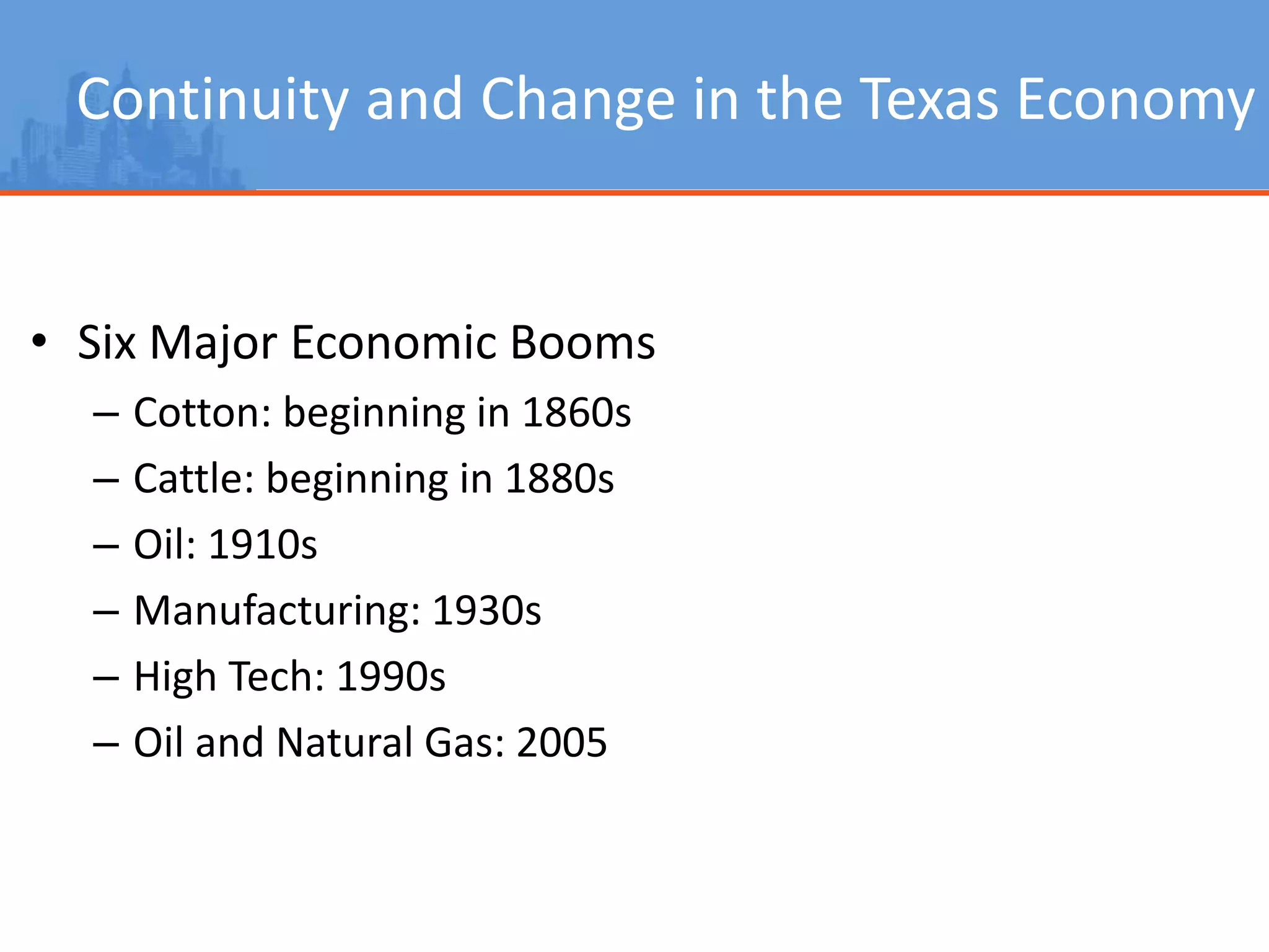 Continuity and Change in the Texas Economy
• Six Major Economic Booms
– Cotton: beginning in 1860s
– Cattle: beginning in 1880s
– Oil: 1910s
– Manufacturing: 1930s
– High Tech: 1990s
– Oil and Natural Gas: 2005
 
