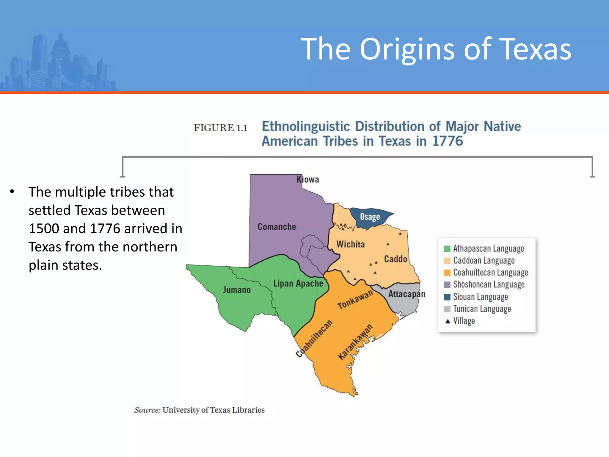 The Origins of Texas
• The multiple tribes that
settled Texas between
1500 and 1776 arrived in
Texas from the northern
plain states.
 