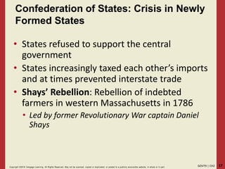 17GOVT9 | CH2Copyright ©2018 Cengage Learning. All Rights Reserved. May not be scanned, copied or duplicated, or posted to a publicly acce ssible website, in whole or in part.
Confederation of States: Crisis in Newly
Formed States
• States refused to support the central
government
• States increasingly taxed each other’s imports
and at times prevented interstate trade
• Shays’ Rebellion: Rebellion of indebted
farmers in western Massachusetts in 1786
• Led by former Revolutionary War captain Daniel
Shays
 