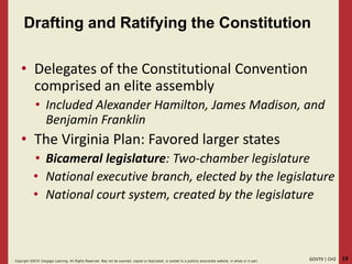 19GOVT9 | CH2Copyright ©2018 Cengage Learning. All Rights Reserved. May not be scanned, copied or duplicated, or posted to a publicly acce ssible website, in whole or in part.
Drafting and Ratifying the Constitution
• Delegates of the Constitutional Convention
comprised an elite assembly
• Included Alexander Hamilton, James Madison, and
Benjamin Franklin
• The Virginia Plan: Favored larger states
• Bicameral legislature: Two-chamber legislature
• National executive branch, elected by the legislature
• National court system, created by the legislature
 