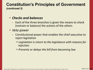 28GOVT9 | CH2Copyright ©2018 Cengage Learning. All Rights Reserved. May not be scanned, copied or duplicated, or posted to a publicly acce ssible website, in whole or in part.
Constitution’s Principles of Government
(continued 3)
• Checks and balances
- Each of the three branches is given the means to check
(restrain or balance) the actions of the others
• Veto power
- Constitutional power that enables the chief executive to
reject legislation
▸Legislation is return to the legislature with reasons for
rejection
▸Prevents or delays the bill from becoming law
 