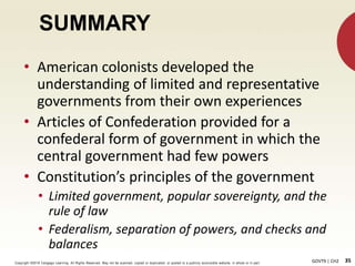 35GOVT9 | CH2Copyright ©2018 Cengage Learning. All Rights Reserved. May not be scanned, copied or duplicated, or posted to a publicly acce ssible website, in whole or in part.
• American colonists developed the
understanding of limited and representative
governments from their own experiences
• Articles of Confederation provided for a
confederal form of government in which the
central government had few powers
• Constitution’s principles of the government
• Limited government, popular sovereignty, and the
rule of law
• Federalism, separation of powers, and checks and
balances
SUMMARY
 